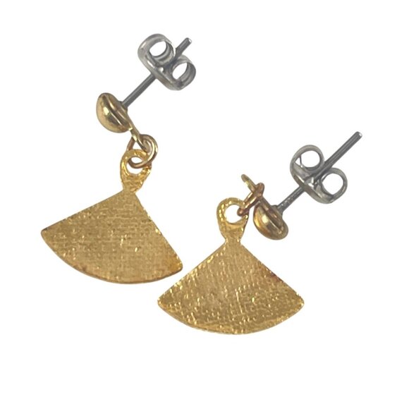 Gold & Blue Fan-Shaped Dangle Earrings With Floral Enamel Design - Picture 4 of 7